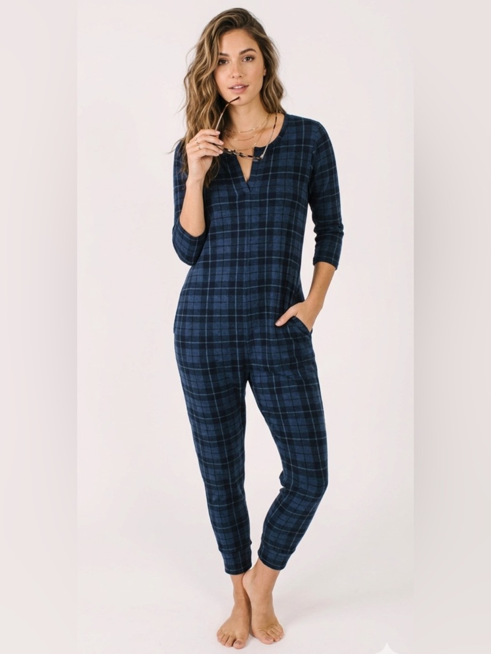 Smash + Tess Wednesday Romper Blue Tartan Size Small Comfy PJs Loungewear Casual - Picture 12 of 12